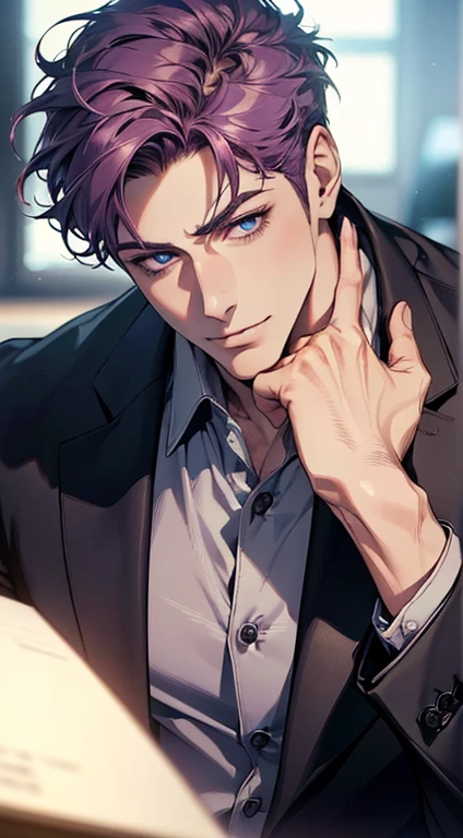 (best quality,4k,8k,highres,masterpiece:1.2),ultra-detailed,(realistic,photorealistic,photo-realistic:1.37),1 man,31 years old,mature man,very handsome,without expression,smile,short purple hair,blue eyes,penetrating gaze,perfect face without errors,imposing posture,businessman,office background,cinematic lighting,hdr image