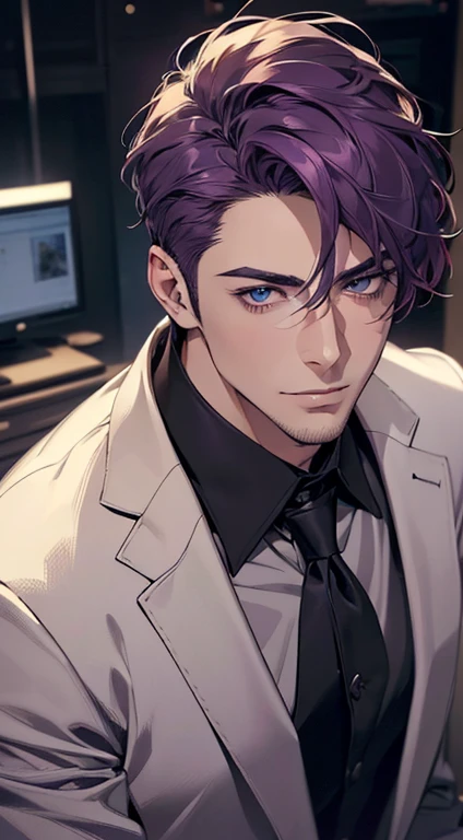 (best quality,4k,8k,highres,masterpiece:1.2),ultra-detailed,(realistic,photorealistic,photo-realistic:1.37),1 man,31 years old,mature man,very handsome,without expression,smile,short purple hair,blue eyes,penetrating gaze,perfect face without errors,imposing posture,businessman,office background,cinematic lighting,hdr image