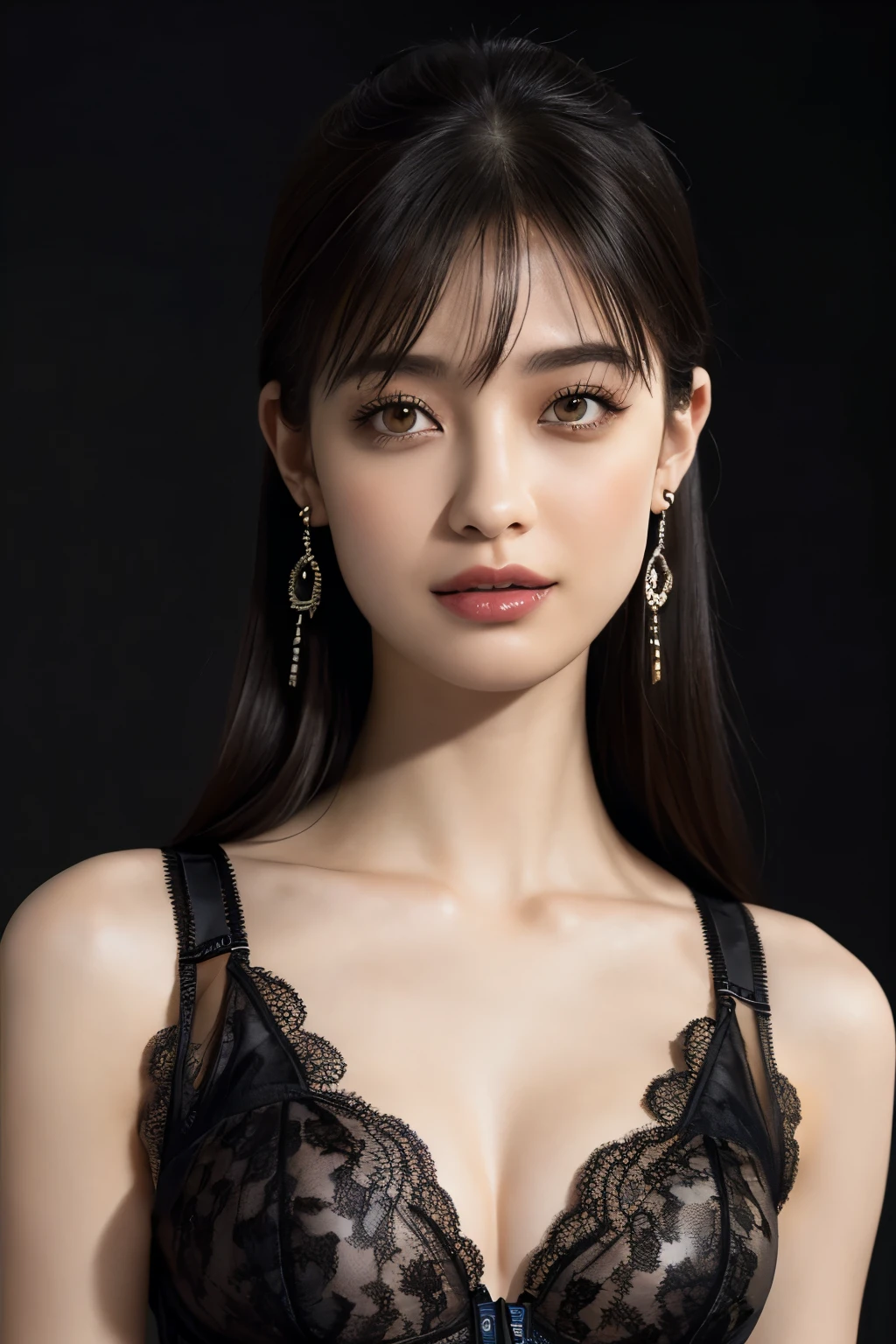 (realistic, photo-realistic:1.4), (masterpiece, best quality:1.2), RAW photo, high resolution, intricate details, extremely detailed, realistic and sharp details, cinematic lighting, portrait, (bust shot, frontal photography), solo, 1girl, a Japanese woman, dark hair, straight hair, medium hair, detailed face, beautiful detailed eyes, sophisticated nose, pale skin, collarbone, (large breasts, cleavage), (tiny lingerie, black lace bra, sleeveless:1.5), earrings, jewelry, smile, photo background, indoors,,,
