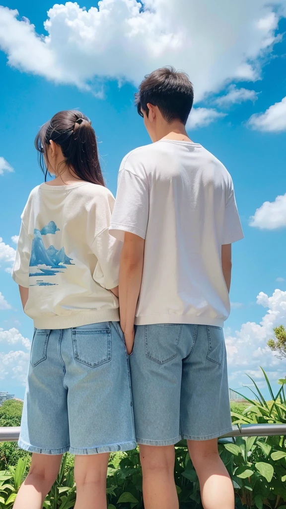 Blue sky with white clouds　Casual clothing　Male and female back view　An illustration