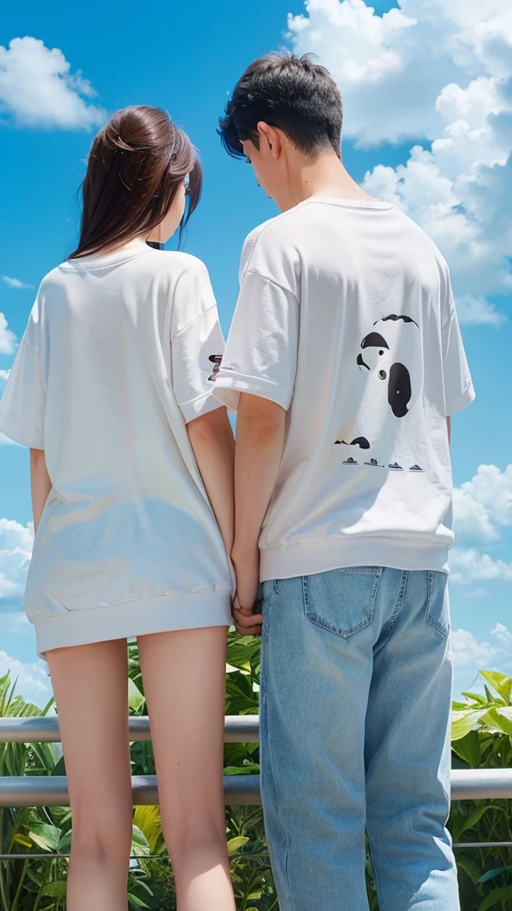 Blue sky with white clouds Casual clothing Male and female back view An illustration