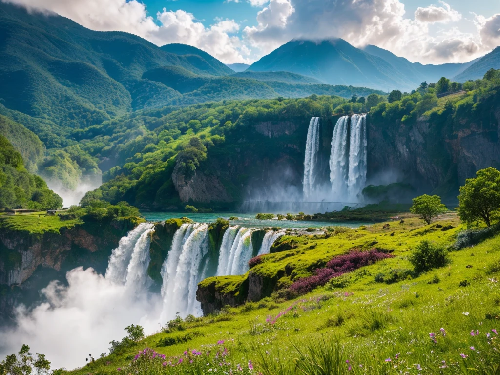 a majestic waterfall cascading down a mountainous landscape,breathtaking natural scenery,lush green forests,dramatic rocky cliffs,mist and spray surrounding the falls,azure blue sky with wispy clouds,sunlight filtering through the mist,serene and peaceful atmosphere,(best quality,4k,8k,highres,masterpiece:1.2),ultra-detailed,(realistic,photorealistic,photo-realistic:1.37),landscape,cinematic lighting,vivid colors,dramatic composition