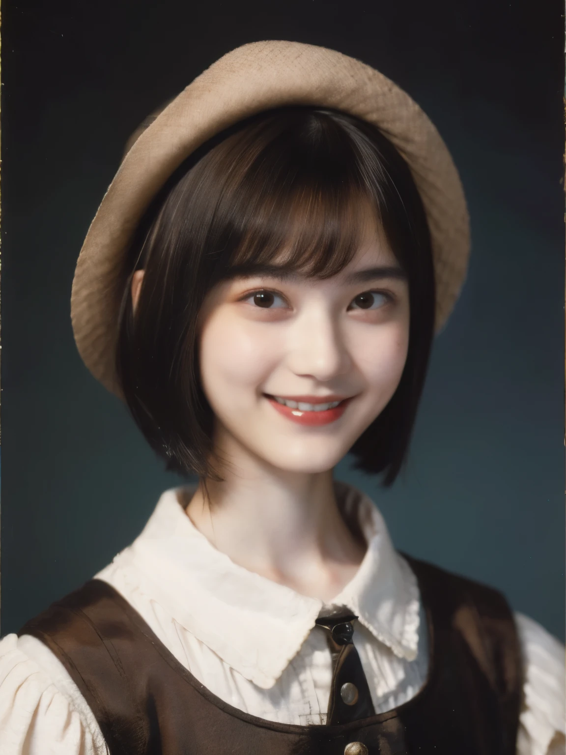 252 (An 18-year-old female and an 18-year-old male), (short hair),kind, lipstick, (Rembrandt-style painting), smile