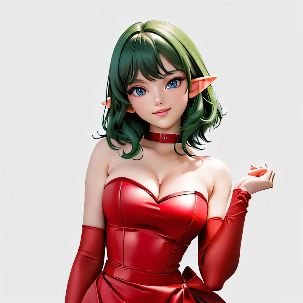 ((masterpiece,best quality,ultra-delicate,Perfect Face,16k,high resolution,very beautiful girl)),Medium short green hair:1.2, Red strapless bodycon tube dress with huge red bow on the lower back,Red long arm sleeves,Elf Girl,large Breasts,blue eyes,Beautiful smile,20 years old