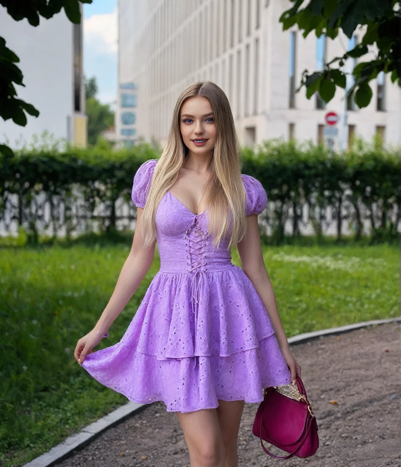 araffe woman in a purple dress walking down a path, purple dress, Style of Julia Razumova, dressed in purple, Anna Nikonova aka Newmilky, purple outfit, Yelena Belova, dressed in a pink dress, ekaterina, lace-up dress, wearing a pink dress, romantic dress, lilac, anna nikonova, fantasy dress
