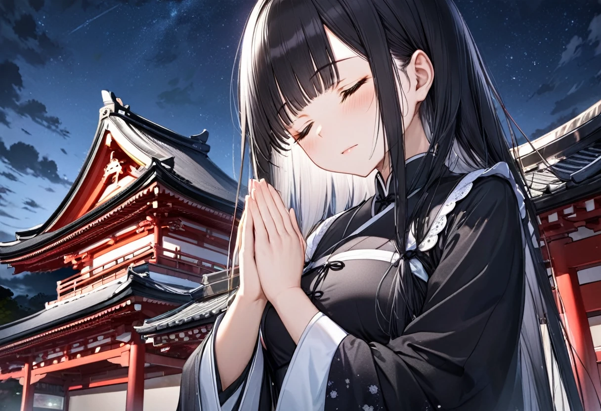 panoramic, low angle, (Memorial ,style) (Pressing palms together in prayer, looking at sky) (in a lady Mourning Costume), break, (solo:2, 15 yo, blunt bangs:1.2 black hair long hair girl, sad closed eyes, tears of eyes), (praying to Grandmother), in the night Dazaifu Tenmangu Shrine Memorial Tower rooftop, background biggest Lifestream Covering the night sky, BREAK, perfect anatomy, masterpiece, best quality, 16k, beautiful detailed lifestream, daydreaming expression.