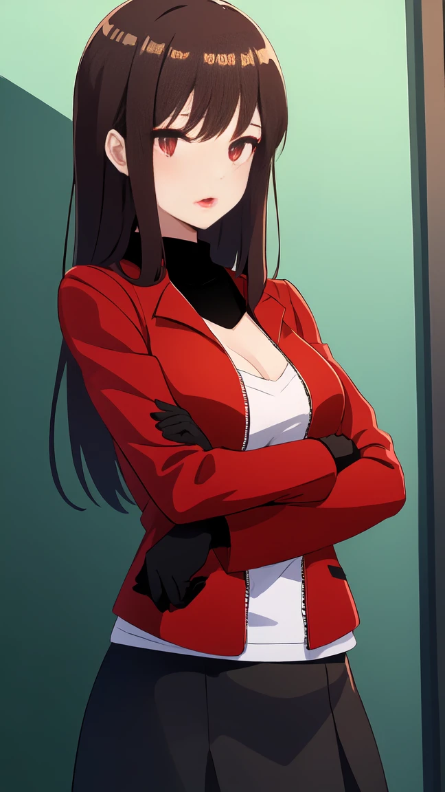 woman with dark red hair, with red eyeliner, makeup, light lipstick, red jacket, black gloves, black skirt, black shirt