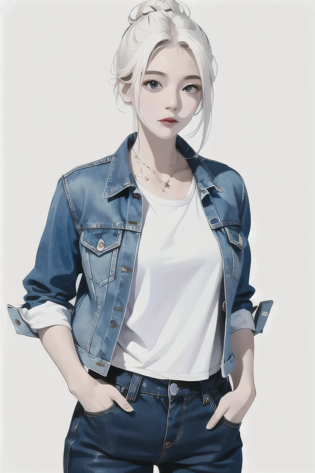 masterpiece, best quality, ((Pure white background)), permanent, Black bun,cold noodle, whole body, denim jacket, White T-shirt, casual pants, (Fashion), Happy, Lighting Effects, Soft, very clearly, High-resolution images, (front)