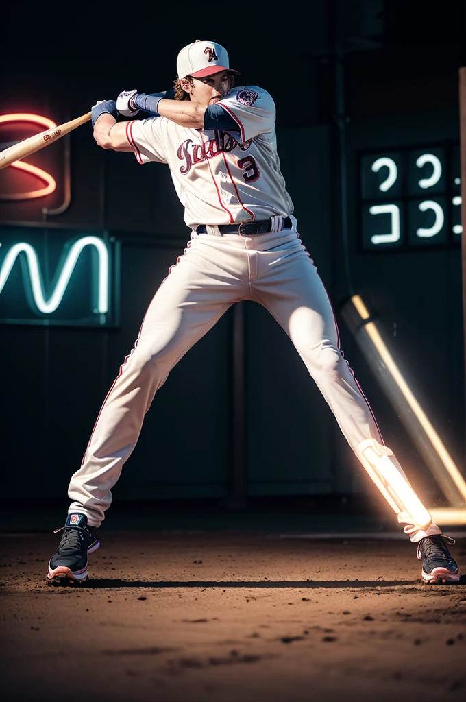 generate a baseball logo with the letter A using baseball bats, baseball gloves and neon lights