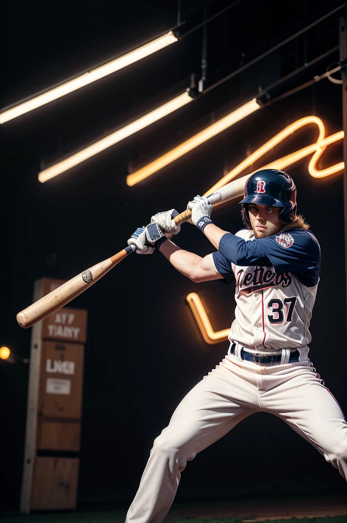 generate a baseball logo with the letter A using baseball bats, baseball gloves and neon lights