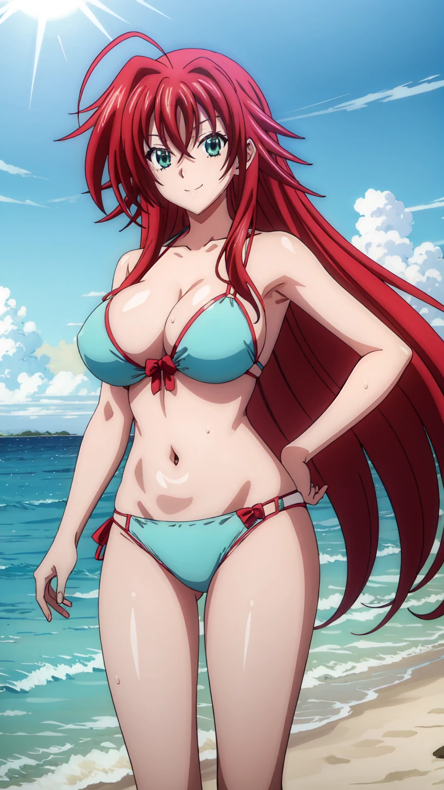 eft_dxd_rias, 1girl, rias gremory, long hair, solo, ahoge, red hair, breasts, hair between eyes, very long hair, large breasts, green eyes,Smiling, looking at the viewer, blue theme, blue background, cloudy sky, sunlight, sweat, orgasmic, bikini swimsuit, large breasts, cleavage, belly button exposed, collarbone, thighs, sea and beach,