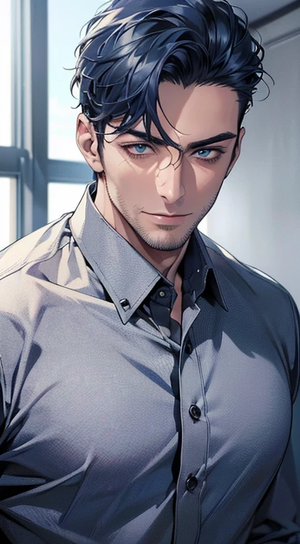 (best quality,4k,8k,highres,masterpiece:1.2),ultra-detailed,(realistic,photorealistic,photo-realistic:1.37),1 man,31 years old,mature man,very handsome,without expression,smile,short blue hair,blue eyes,penetrating gaze,perfect face without errors,imposing posture,businessman,office background,cinematic lighting,hdr image