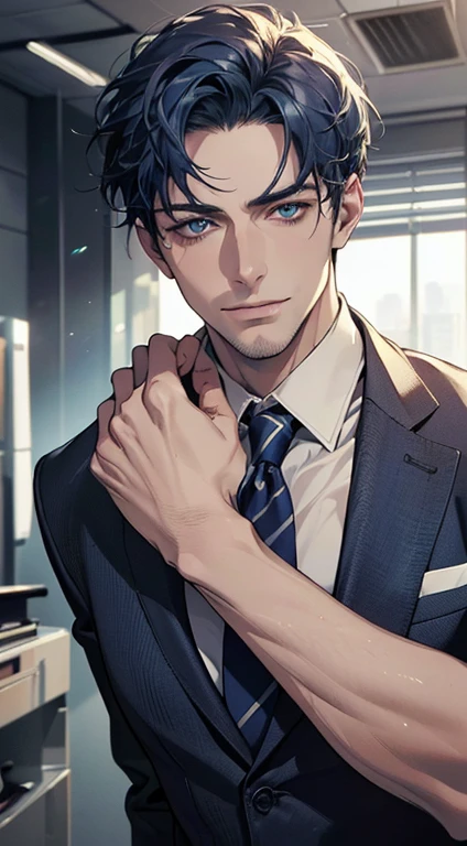(best quality,4k,8k,highres,masterpiece:1.2),ultra-detailed,(realistic,photorealistic,photo-realistic:1.37),1 man,31 years old,mature man,very handsome,without expression,smile,short blue hair,blue eyes,penetrating gaze,perfect face without errors,imposing posture,businessman,office background,cinematic lighting,hdr image