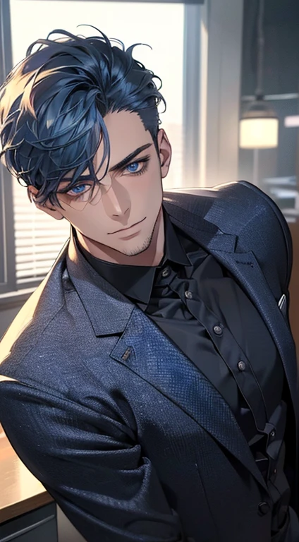 (best quality,4k,8k,highres,masterpiece:1.2),ultra-detailed,(realistic,photorealistic,photo-realistic:1.37),1 man,31 years old,mature man,very handsome,without expression,smile,short blue hair,blue eyes,penetrating gaze,perfect face without errors,imposing posture,businessman,office background,cinematic lighting,hdr image