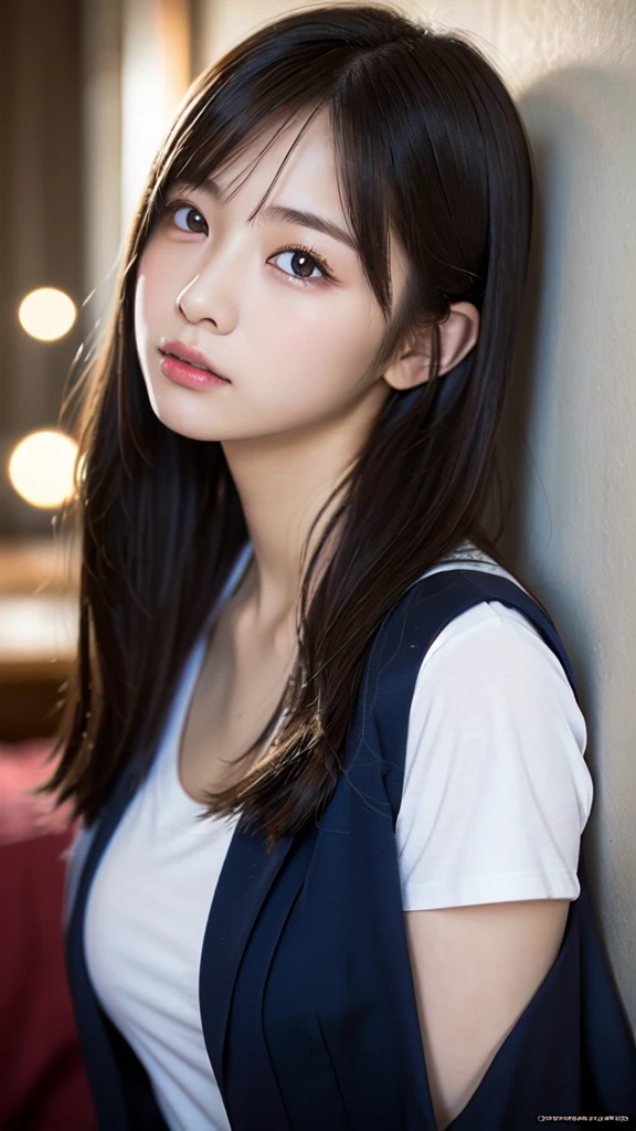 Graduation Ceremony、high school girl、uniform 、navy blue blazer、Bedroom、lying on the bed、perfect proportions、cute、((18 year old female:1.ung adorable japanese face,big breasts, valley, official art,Highly detailed CG Unity 8K wallpaper,(masterpiece:1.0),(highest quality:1.0), high resolution,4k,Super detailed, photo shoot, 8K, nffsw, High resolution, kodak portrait 400, film grain, lens flare glow, professional lighting,cinematic light, looking at viewer t shirt