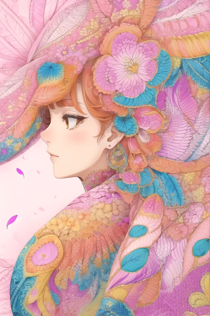 (1girl, solo, from side), extremely detailed, (abstract background, zentangle, fractal art:1.3), (many colors, colorful:1.1), (feathers, petals, flowers:1.3), dynamic pose, earrings