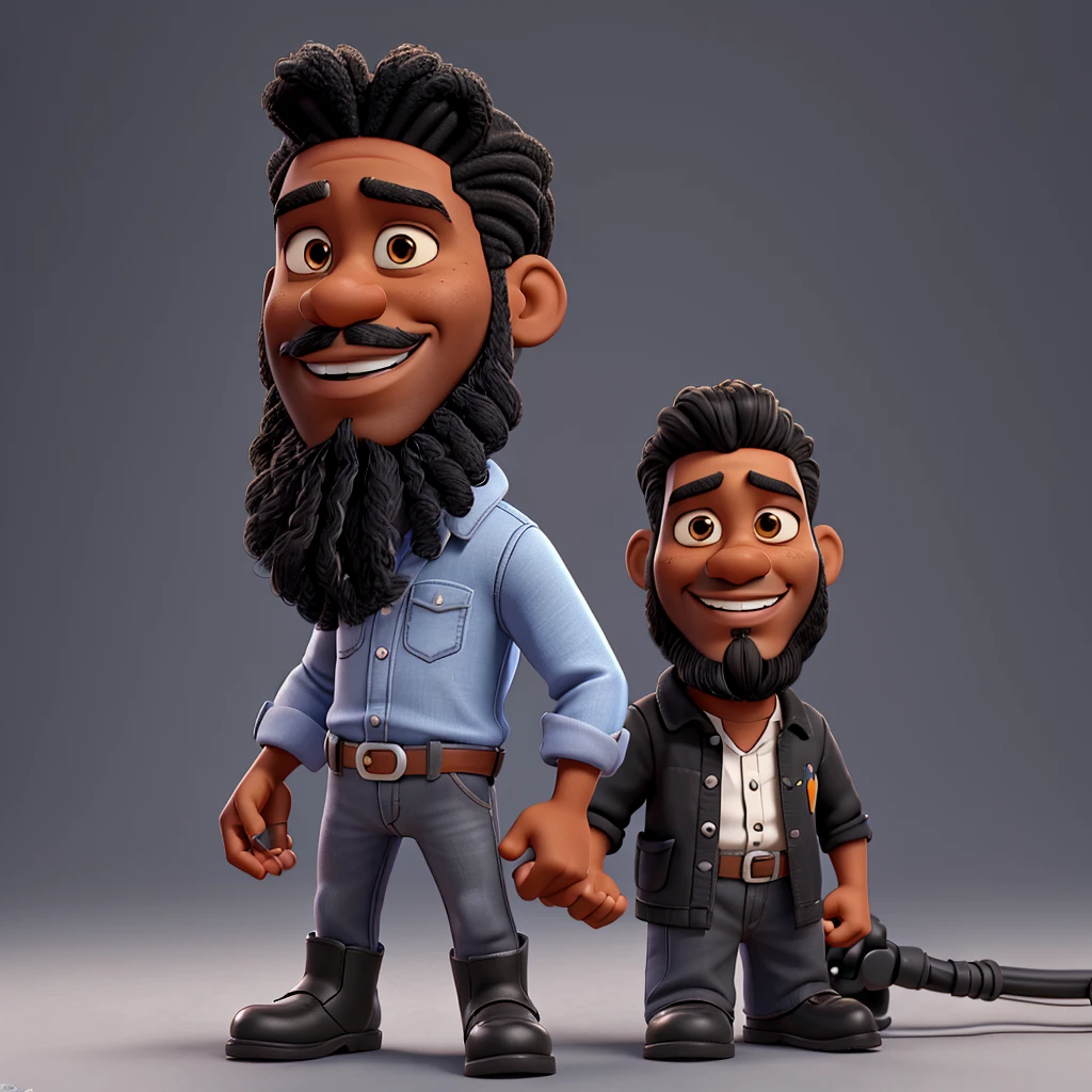 Pixar style 3D drawing, of a black man, braided straight hair, black beard, hand doing positive, gray electrician uniform, black boots,