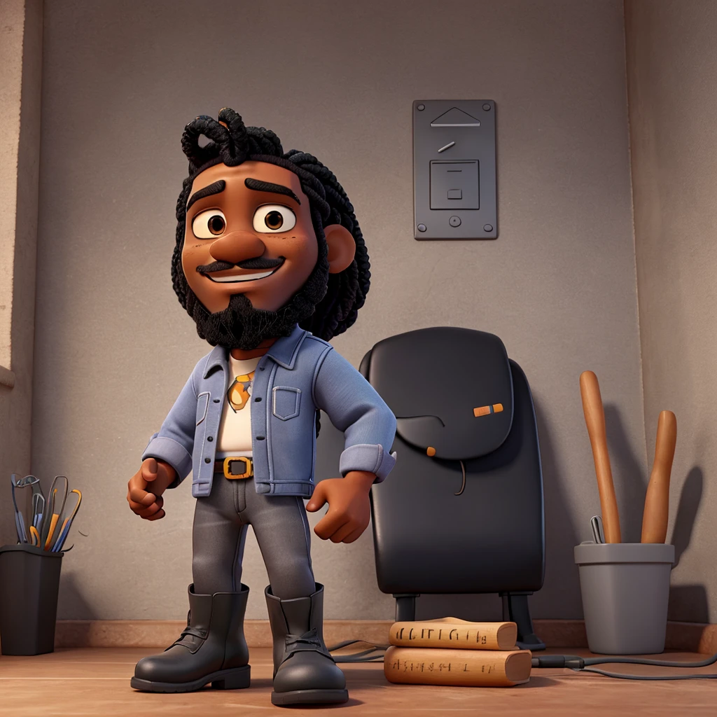 Pixar style 3D drawing, of a black man, braided straight hair, black beard, hand doing positive, gray electrician uniform, black boots,