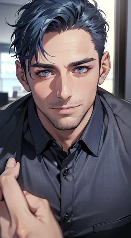 (best quality,4k,8k,highres,masterpiece:1.2),ultra-detailed,(realistic,photorealistic,photo-realistic:1.37),1 man,31 years old,mature man,very handsome,without expression,smile,short blue hair,blue eyes,penetrating gaze,perfect face without errors,imposing posture,businessman,office background,cinematic lighting,hdr image