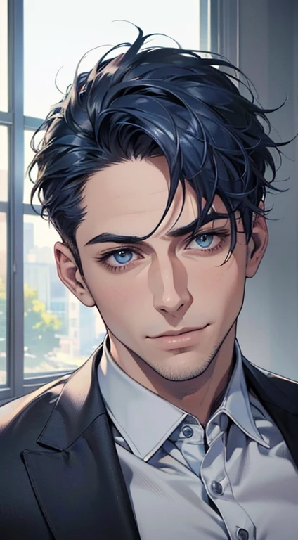 (best quality,4k,8k,highres,masterpiece:1.2),ultra-detailed,(realistic,photorealistic,photo-realistic:1.37),1 man,31 years old,mature man,very handsome,without expression,smile,short blue hair,blue eyes,penetrating gaze,perfect face without errors,imposing posture,businessman,office background,cinematic lighting,hdr image