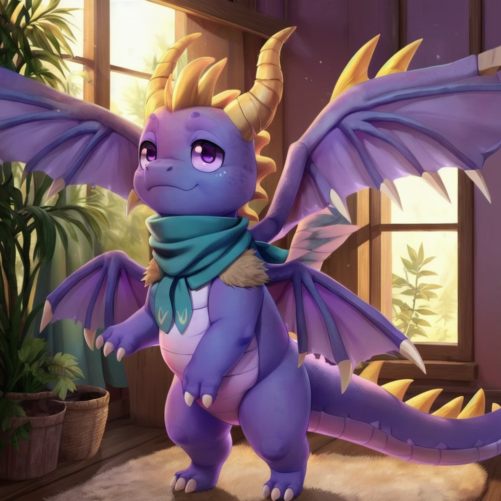 (by Ricegnat, by Bebebebebe, by Prrrrrrmine, by Dagasi), (dragon spyro, chibi, spread wings, blue scarf:1.3), (fluffy, purple body, wings, purple eyes, round eyes, white claws:1.25), BREAK, (bedsheet, bedroom, inside, plant, window:1.25), detailed background, depth of field, shadow, sunlight, ambient silhouette, backlighting, masterpiece, best quality, ultra realistic, 4k, 2k, (high detail:1.25)