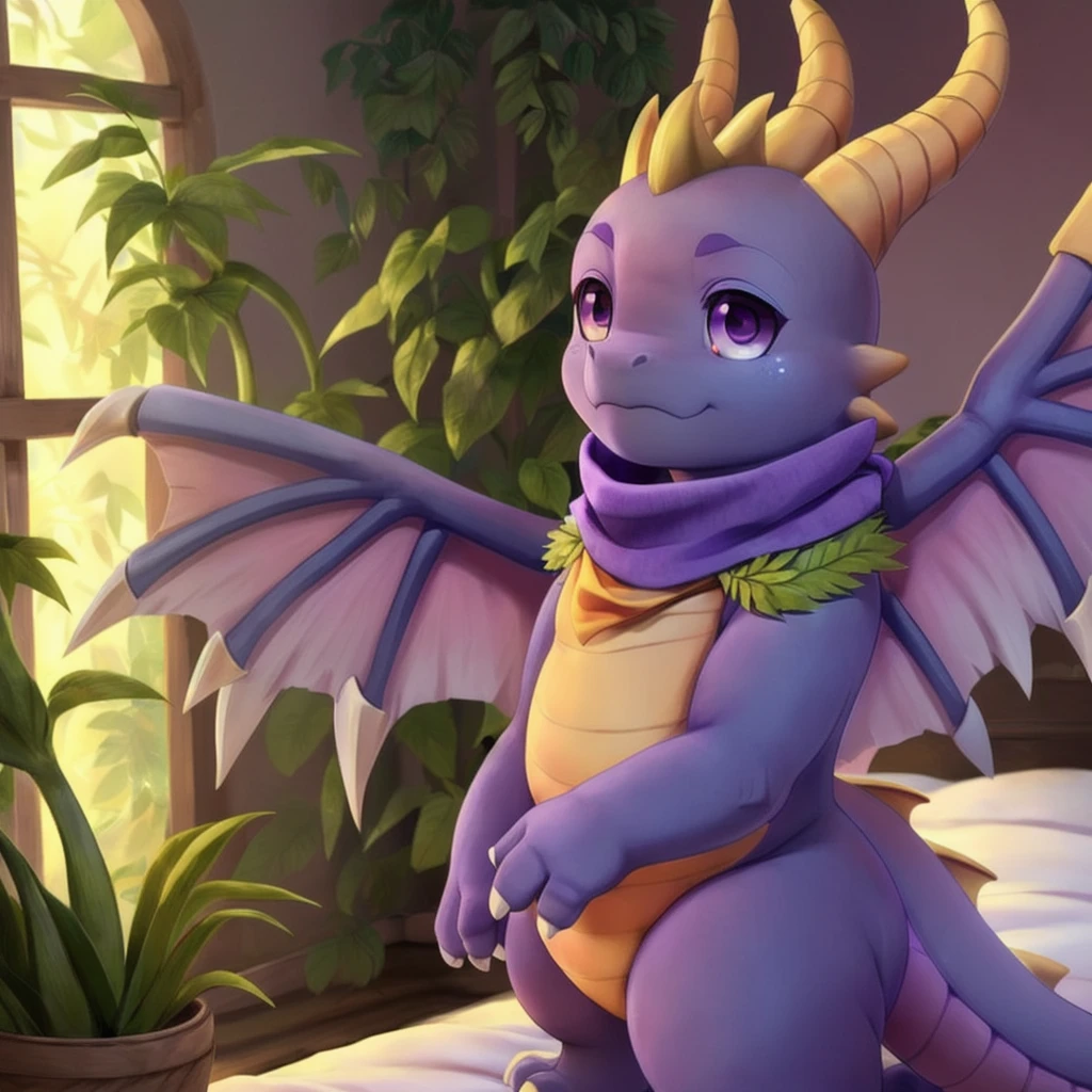 (by Ricegnat, by Bebebebebe, by Prrrrrrmine, by Dagasi), (dragon spyro, chibi, spread wings, blue scarf:1.3), (fluffy, purple body, wings, purple eyes, round eyes, white claws:1.25), BREAK, (bedsheet, bedroom, inside, plant, window:1.25), detailed background, depth of field, shadow, sunlight, ambient silhouette, backlighting, masterpiece, best quality, ultra realistic, 4k, 2k, (high detail:1.25)