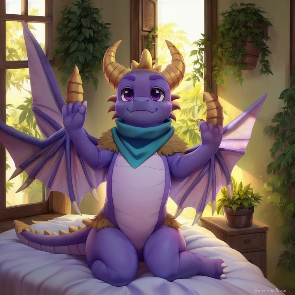 (by Ricegnat, by Bebebebebe, by Prrrrrrmine, by Dagasi), (dragon spyro, chibi, spread wings, blue scarf:1.3), (fluffy, purple body, wings, purple eyes, round eyes, white claws:1.25), BREAK, (bedsheet, bedroom, inside, plant, window:1.25), detailed background, depth of field, shadow, sunlight, ambient silhouette, backlighting, masterpiece, best quality, ultra realistic, 4k, 2k, (high detail:1.25)