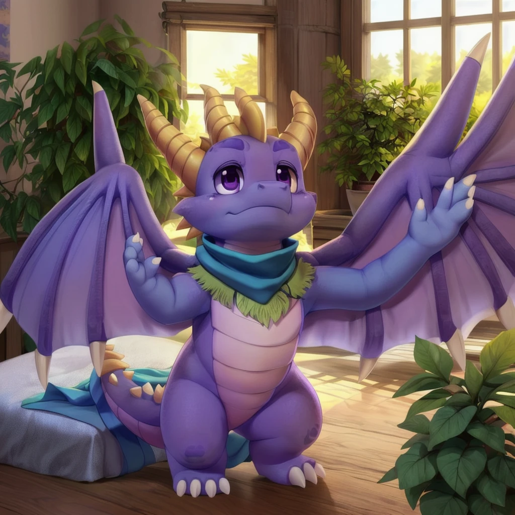 (by Ricegnat, by Bebebebebe, by Prrrrrrmine, by Dagasi), (dragon spyro, chibi, spread wings, blue scarf:1.3), (fluffy, purple body, wings, purple eyes, round eyes, white claws:1.25), BREAK, (bedsheet, bedroom, inside, plant, window:1.25), detailed background, depth of field, shadow, sunlight, ambient silhouette, backlighting, masterpiece, best quality, ultra realistic, 4k, 2k, (high detail:1.25)