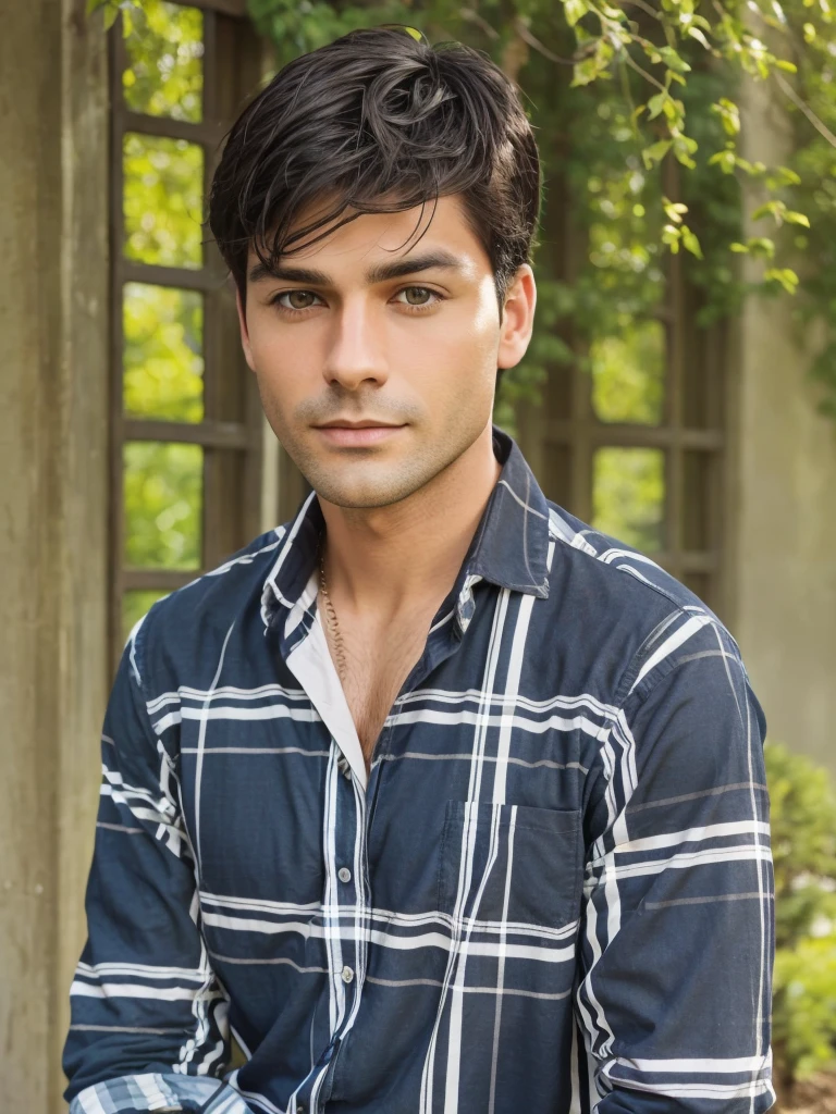 The image shows a man with dark hair, wearing a plaid shirt and  He appears to be in an outdoor setting, possibly a garden or park.