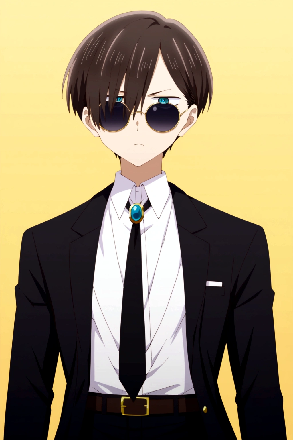 Kyotaro Ichikawa (My friend and I), defined body, very serious expression, round sunglasses, An open white suit jacket with black details on the shoulders., a black shirt under the suit with a skinny tie that has a gold brooch with a wolf figure. his belt, It has a large, decorative buckle, white dress pants, blood stained clothes, elegant clothes, holding a knife with a golden handle. Alone, yellow background 