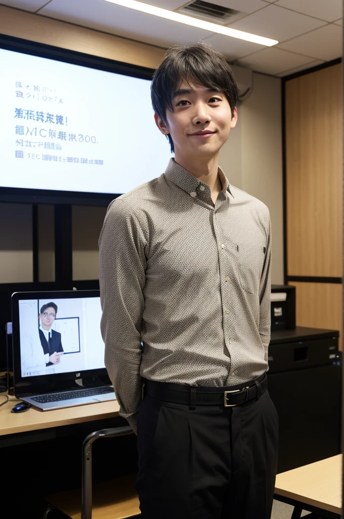 (masterpiece:1.2), (Highest quality:1.1), Ultra-high resolution, 8K, (Photo Real:1.2), (Depth of written boundary), Full-body images、Presenting in front of the screen at a meeting、A face with attention to detail, Body with attention to detail,A boring 30-year-old Japanese male office worker、Lively face、Bright Face、The presentation was a great success