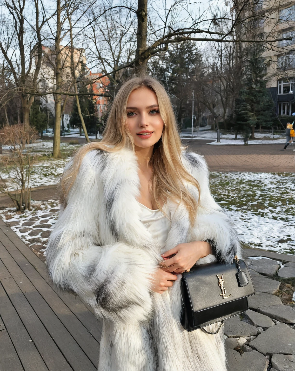 Araffe woman with a white fur coat and a black bag., Anna Nikonova aka Newmilky, Yelena Belova, Style of Julia Razumova, Aleksandra Waliszewska, wearing a luxury fur coat, Dasha Taran, Anastasia Ovchinnikova, by Emma Andijewska, Angelina Stroganova
