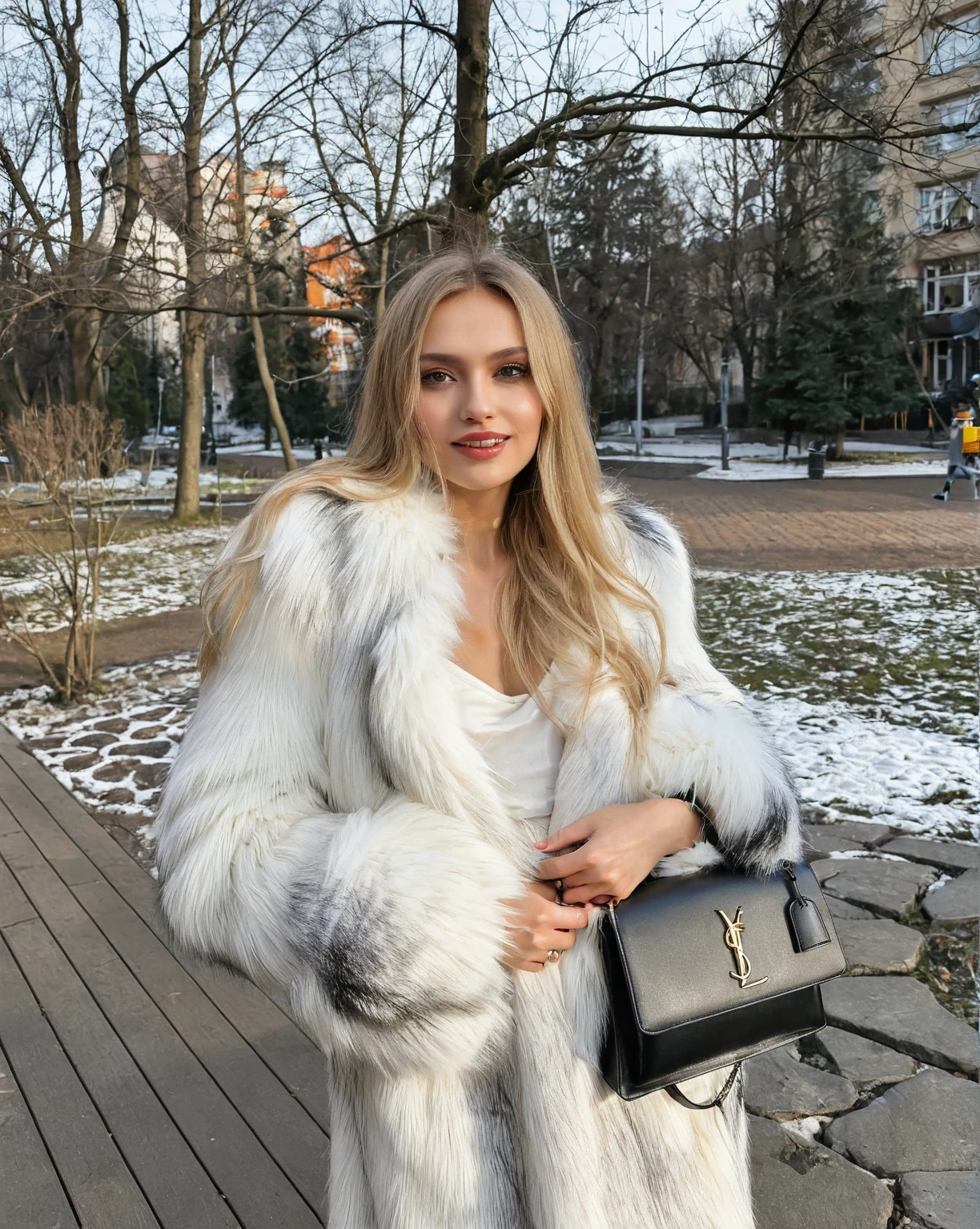 Araffe woman with a white fur coat and a black bag., Anna Nikonova aka Newmilky, Yelena Belova, Style of Julia Razumova, Aleksandra Waliszewska, wearing a luxury fur coat, Dasha Taran, Anastasia Ovchinnikova, by Emma Andijewska, Angelina Stroganova