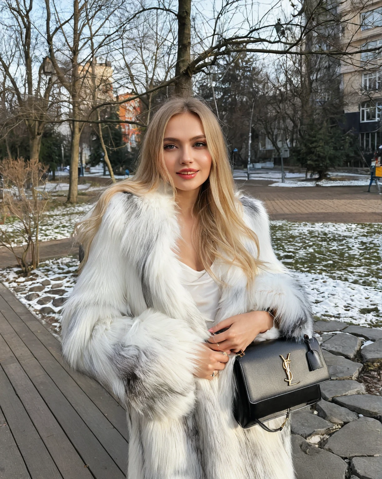 Araffe woman with a white fur coat and a black bag., Anna Nikonova aka Newmilky, Yelena Belova, Style of Julia Razumova, Aleksandra Waliszewska, wearing a luxury fur coat, Dasha Taran, Anastasia Ovchinnikova, by Emma Andijewska, Angelina Stroganova