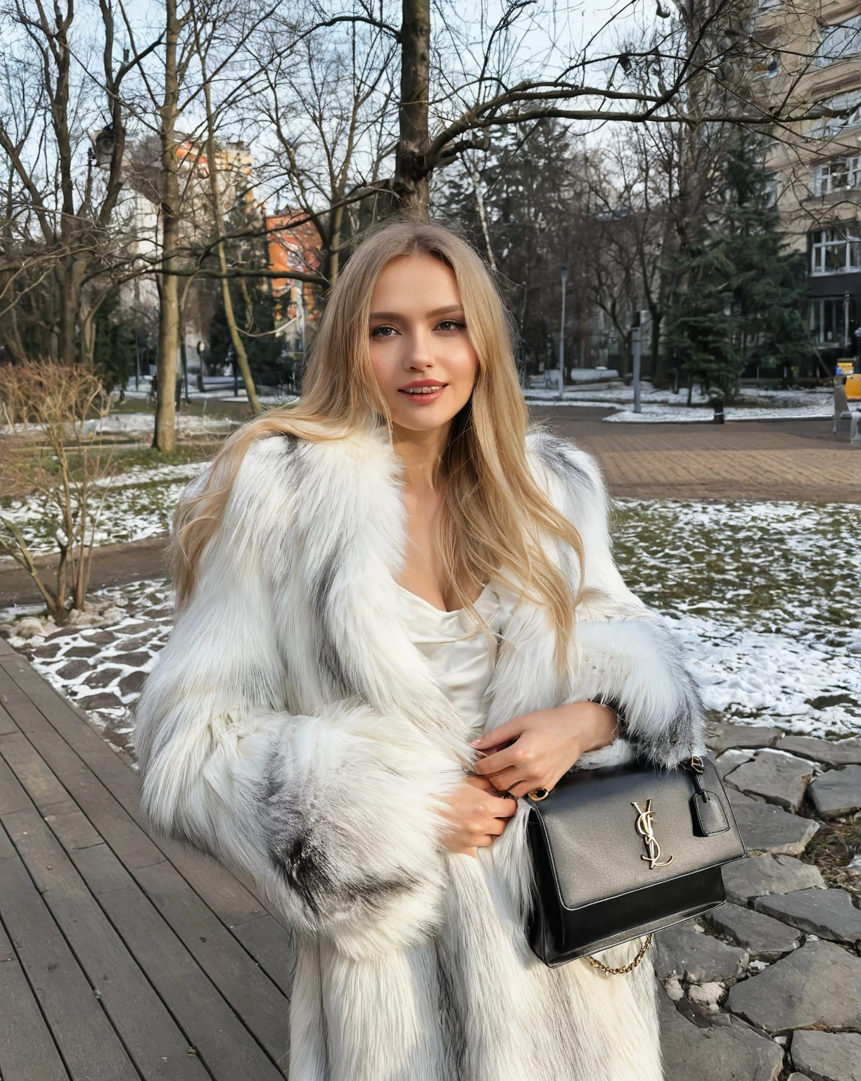 Araffe woman with a white fur coat and a black bag., Anna Nikonova aka Newmilky, Yelena Belova, Style of Julia Razumova, Aleksandra Waliszewska, wearing a luxury fur coat, Dasha Taran, Anastasia Ovchinnikova, by Emma Andijewska, Angelina Stroganova