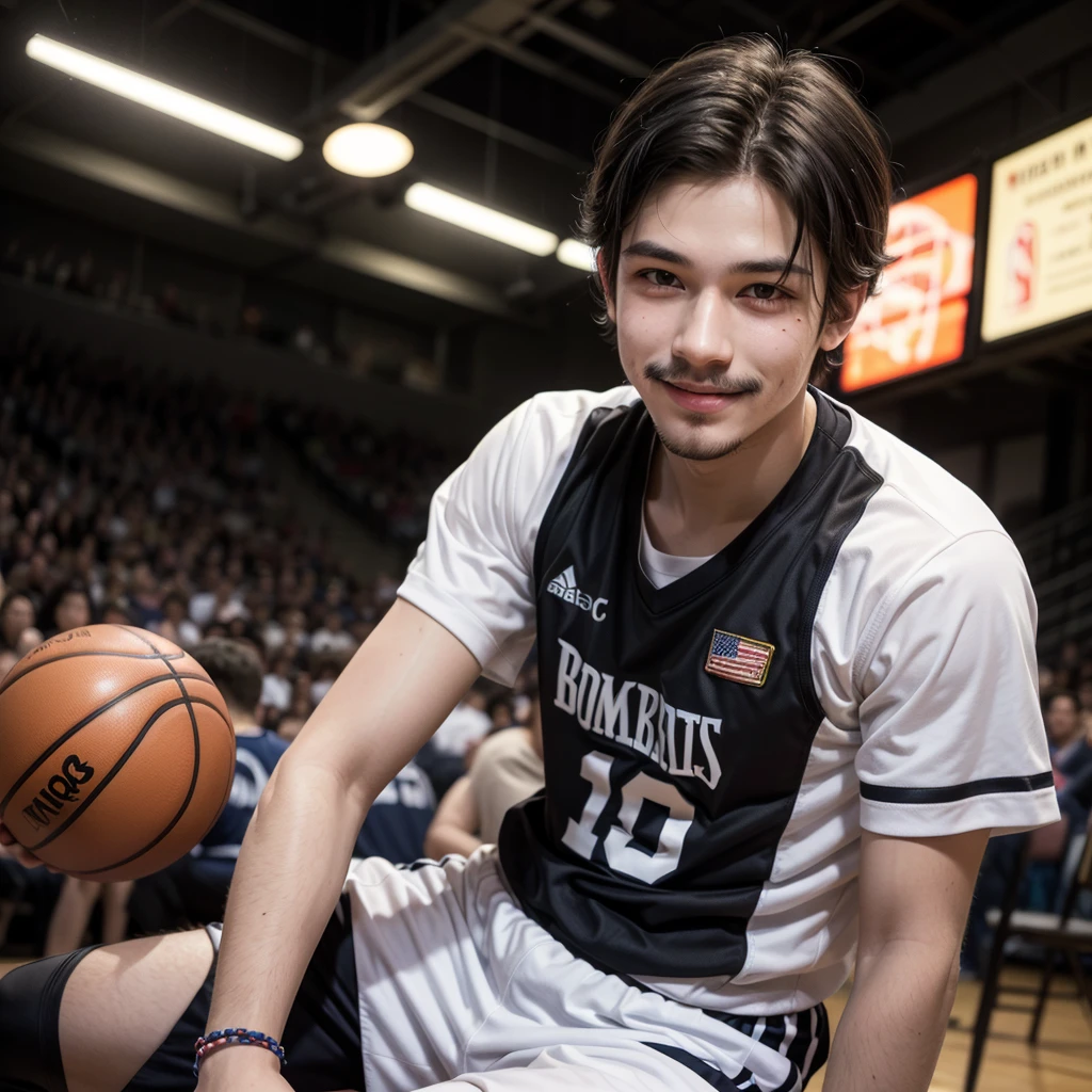 17 year old boy, dark-skinned, height around 1,65, beautiful smile, dark brown eyes, mustache and a goatee, short straight black hair, wearing a basketball jersey with white stripes, wearing 3 bracelets on the left arm, and 2 on the right arm. Also wearing a black bandana tied around his forehead.