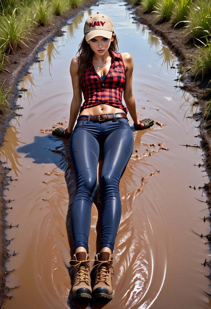 (Slim sexy body girls, long legs), hiking boots, (very muddy washed-out navy blue dirty long skinny tight jeggings:1.5), (red checkered chambray blouse with cleavage), (open military khaki sleeveless jacket), (beige baseball cap), (leather gloves), brown belt, (sitting in mud spreading legs wide showing crotch). Ultrarealistic. Vibrant colors. Sunny.