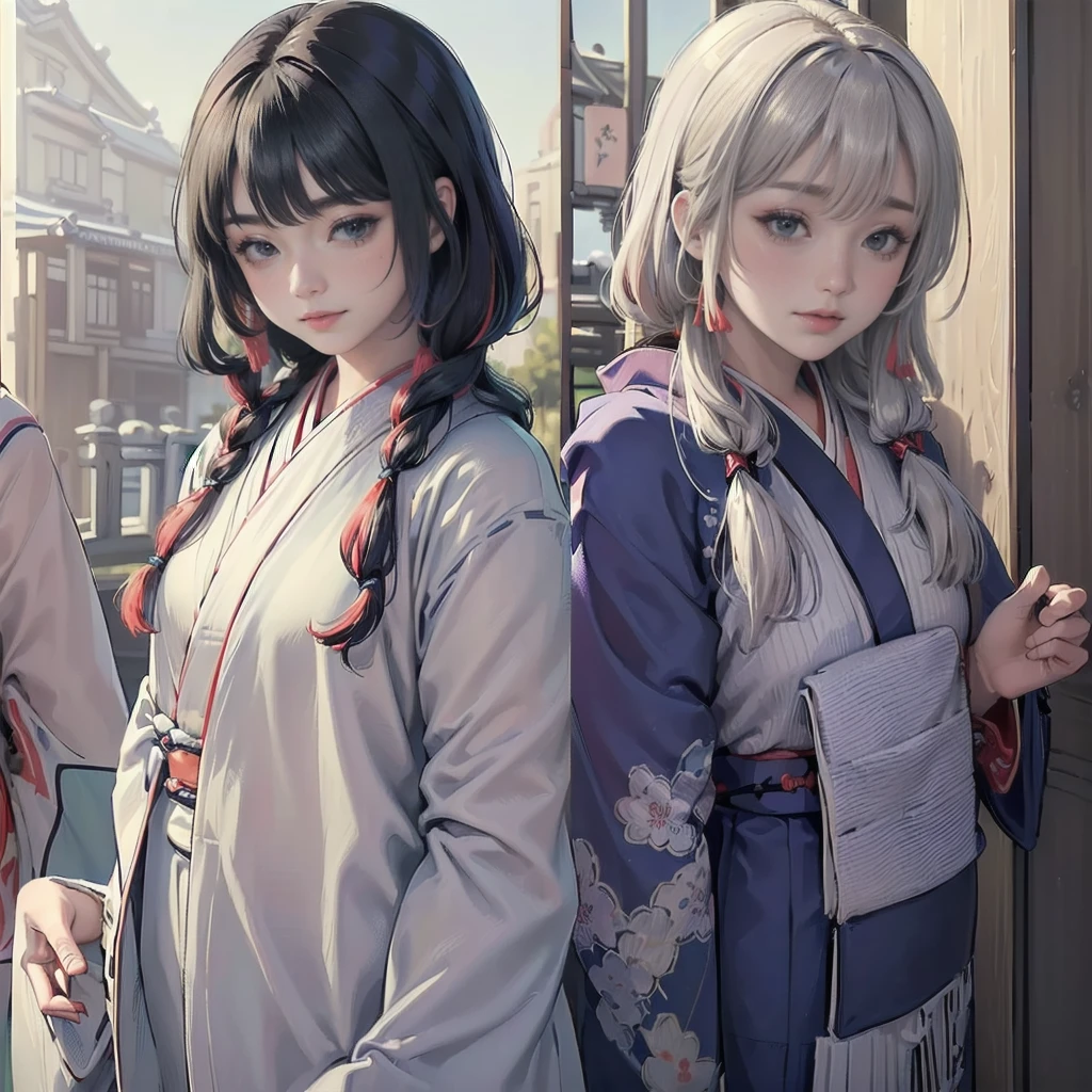 best quality, masterpiece,
New Year, (Kimono with strikingly beautiful colors:1.7),
Three Japanese high-school cute girls, looking straight, gently smiling,
white short scarf, white feather shawl,
(separately side by side:1.4),
(The image shows only the upper body:1.7),
shrine background,
winter(season),(outdoors:1.5)