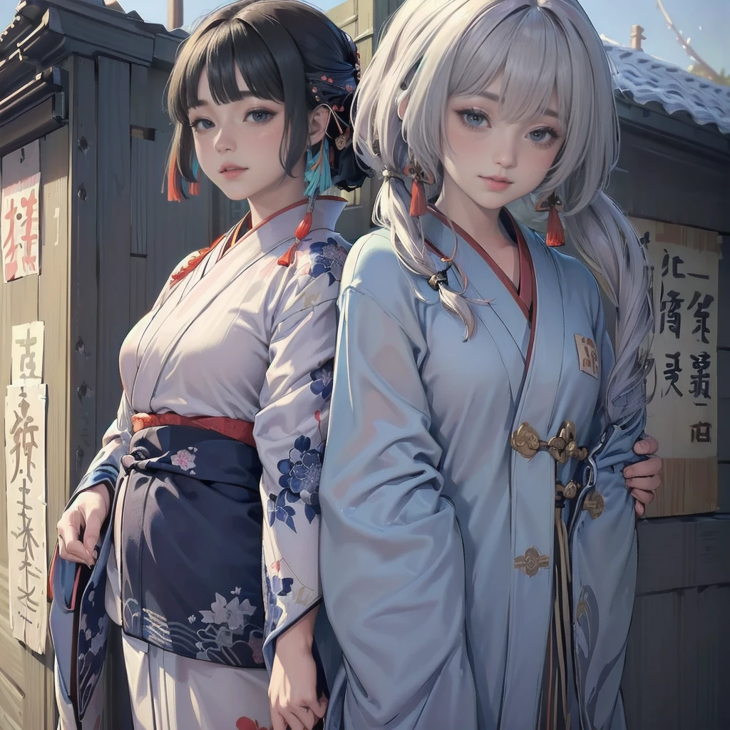 best quality, masterpiece, 

New Year, (Kimono with strikingly beautiful colors:1.7), 

Three Japanese high-school cute girls, looking straight, gently smiling,

white short scarf, white feather shawl,

 (separately side by side:1.4), 

(The image shows only the upper body:1.7),

shrine background,

winter(season),(outdoors:1.5)
