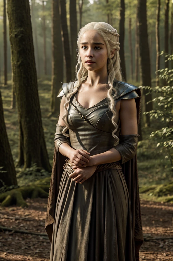 Daenerys from Game of Thrones but with brown hair, is in a forest