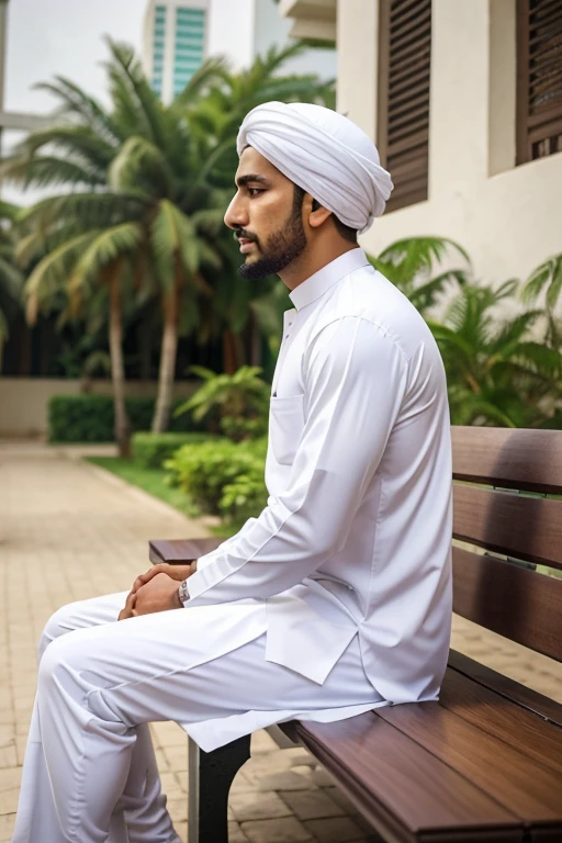 muslim man sitting on a bench in a white outfit, mohamed chahin, riyahd cassiem, khyzyl saleem, saadane afif, inspired by Bikash Bhattacharjee, very clear picture, kyza saleem, ismail, raden saleh, profile picture 1024px, without helmet