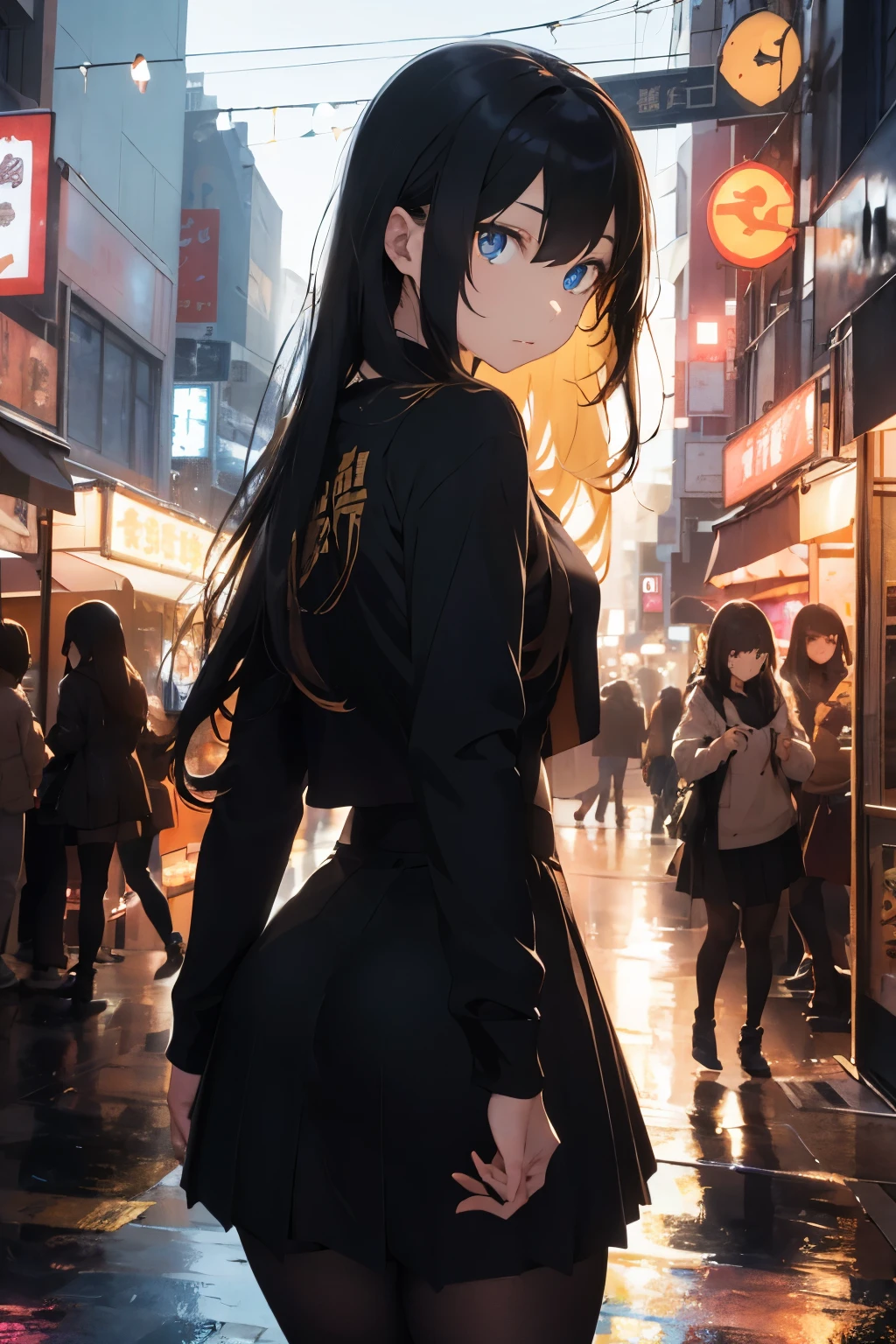 teenage woman ,long golden hair, blue eye ,wearing black suit,black skirt Turn around and look back. Half body image, colored lights,The background is Yaowarat street food at night. There is a store sign.