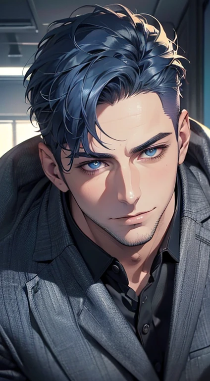 (best quality,4k,8k,highres,masterpiece:1.2),ultra-detailed,(realistic,photorealistic,photo-realistic:1.37),1 man,31 years old,mature man,very handsome,without expression,smile,short blue hair,blue eyes,penetrating gaze,perfect face without errors,imposing posture,businessman,office background,cinematic lighting,hdr image