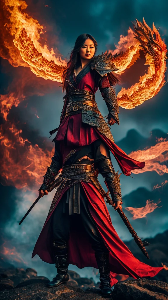 realistic photo of a woman, Asian face, fantasy warrior clothes, red, black, gloves, red shoes, long hair, wind blowing effect, fighting a large dragon monster, an orc with a flaming sword in her right hand, bright red and full lips. fire, flmngprsn, hand, holding, standing on island rock, stick medieval old style fashion front facing colored fire effect smoke background in sea of fire effects and realistic sparks masterpice ultra hd visible full body.
