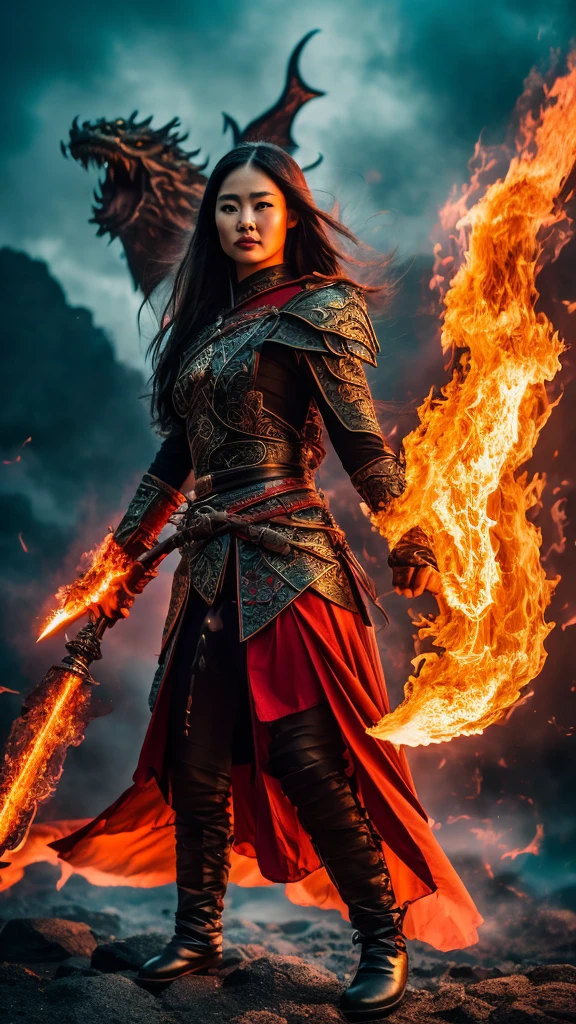realistic photo of a woman, Asian face, fantasy warrior clothes, red, black, gloves, red shoes, long hair, wind blowing effect, fighting a large dragon monster, an orc with a flaming sword in her right hand, bright red and full lips. fire, flmngprsn, hand, holding, standing on island rock, stick medieval old style fashion front facing colored fire effect smoke background in sea of fire effects and realistic sparks masterpice ultra hd visible full body.
