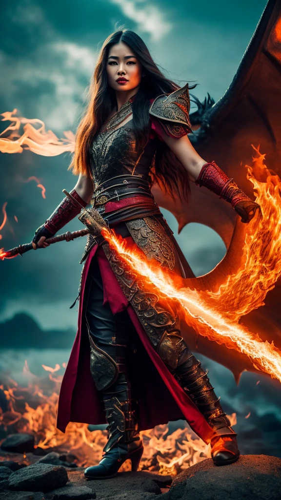 realistic photo of a woman, Asian face, fantasy warrior clothes, red, black, gloves, red shoes, long hair, wind blowing effect, fighting a large dragon monster, an orc with a flaming sword in her right hand, bright red and full lips. fire, flmngprsn, hand, holding, standing on island rock, stick medieval old style fashion front facing colored fire effect smoke background in sea of ​​fire effects and realistic sparks masterpice ultra hd visible full body.