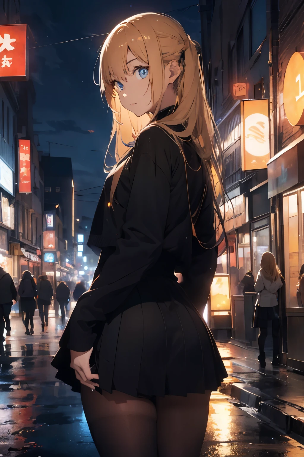 teenage woman ,long golden hair, blue eye ,wearing black suit,black skirt Turn around and look back. Half body image, colored lights,The background is Commercial street, red lights, shop signs everywhere, wide road.
