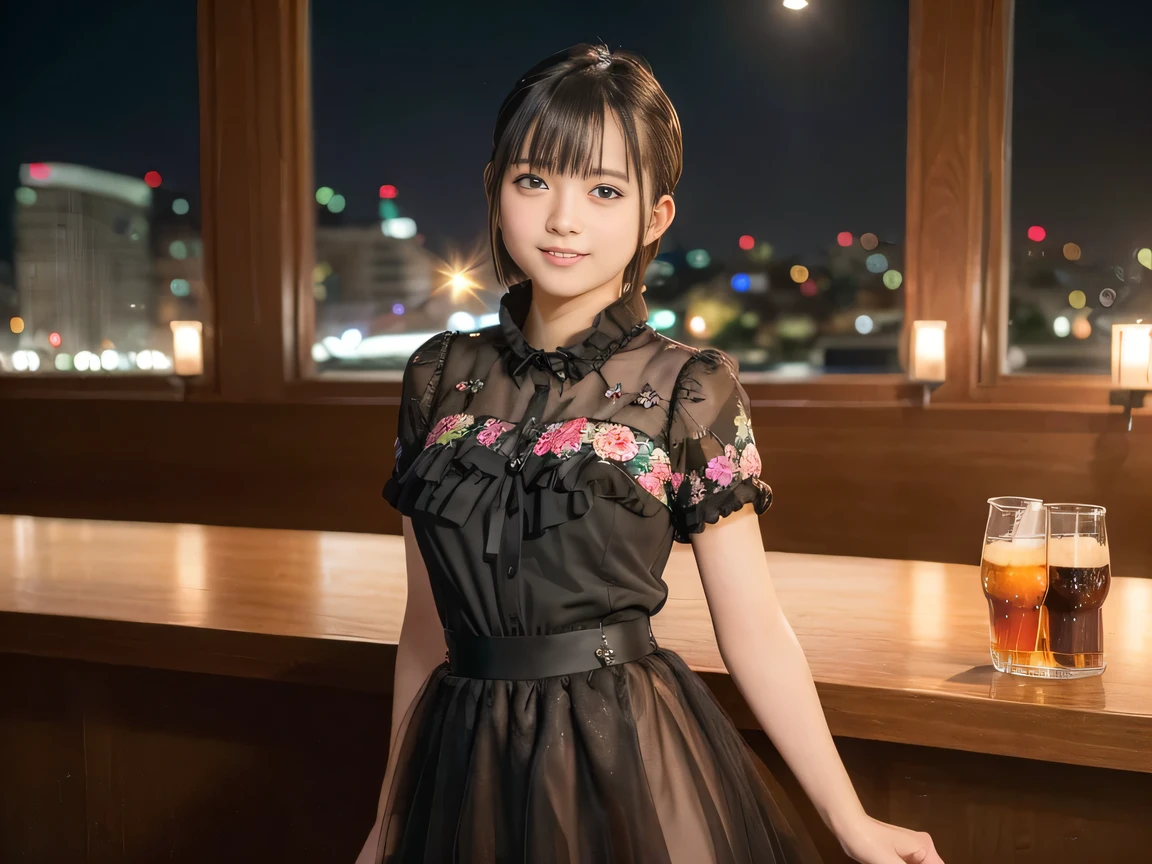 (Highest quality, masterpiece, Ultra-high resolution, 8K, RAW Photos, Realistic, Anatomically correct:1.5), 20-year-old girl:1.2, Embarrassing, avert your eyes, blush:1.0, View Viewer, ((Bar Lounge)) 、Large windows、Night view、 Light:1.2, Bokeh, Cinema Lighting:1.0, Depth of written boundary, sharp、 Cute face、Idol、(Black short sleeve tulle top)、(Black flared skirt)、(Black clothing)、”(dwarf)”、(Floral clothes)、(Full Body Shot)、Side angle、Cowboy Shot、 smile、(Ultra short hair)、(Short bob cut)、(Straight bangs)、(( One Girl))、Large Breasts、(Navel shows through)、