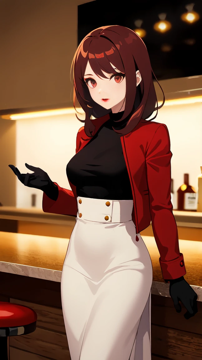 woman with dark red hair, with red eyeliner, makeup, light lipstick, red jacket, black gloves, black skirt, black shirt, in front of a bar