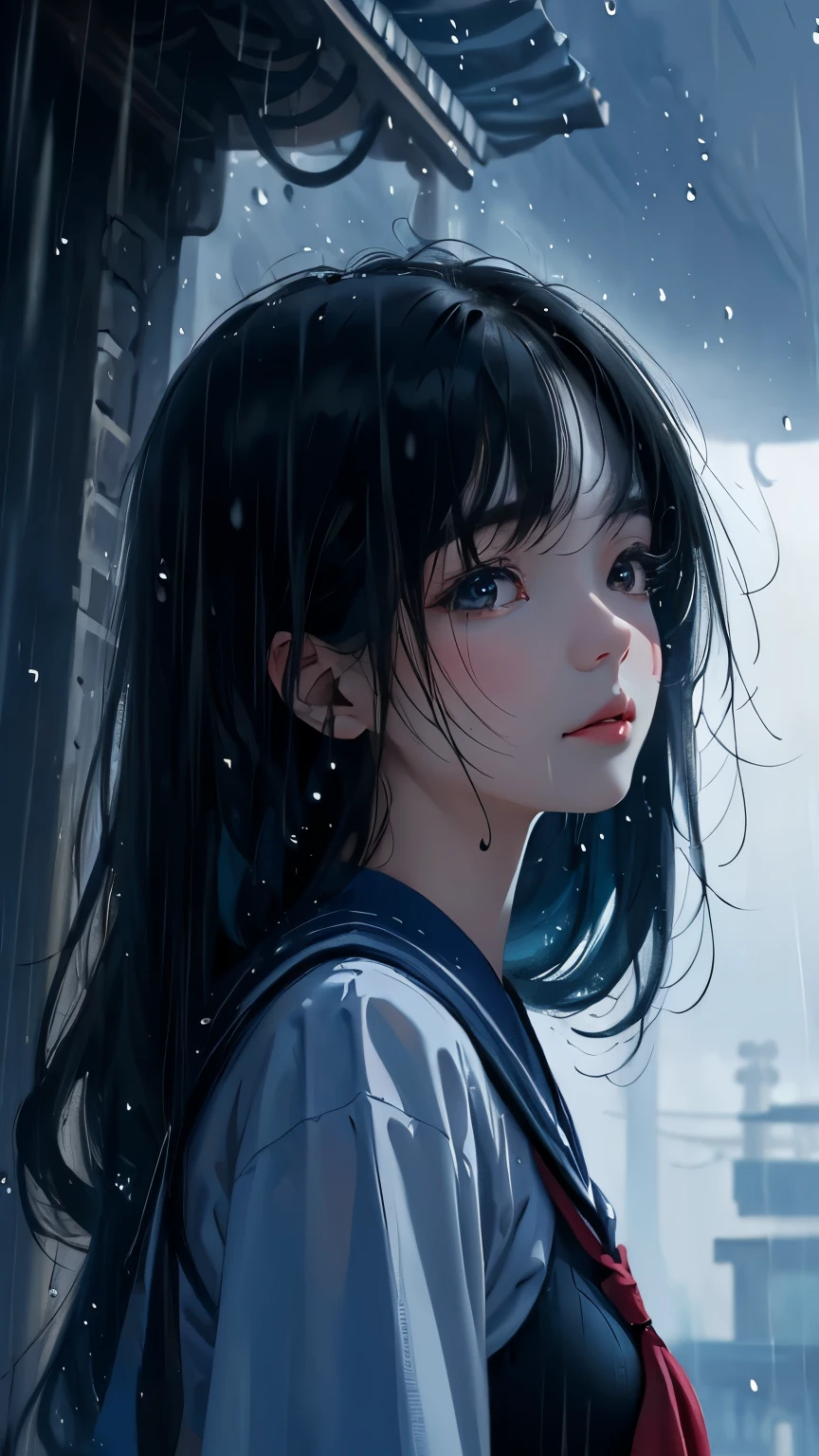 Master Painting、Optimal quality、downpour、woman、Long Black Hair、Looking up at the sky、Upper Body、Sailor suit、Large Breasts、Asian、high school girl、Eaves、Rain-soaked hair
